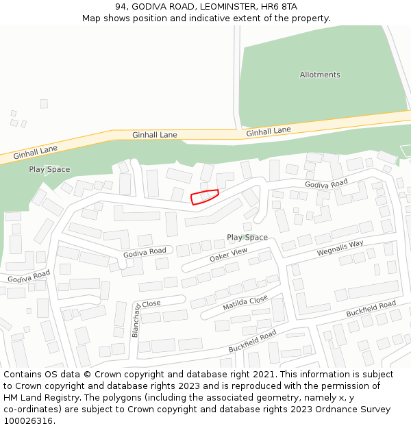 94, GODIVA ROAD, LEOMINSTER, HR6 8TA: Location map and indicative extent of plot