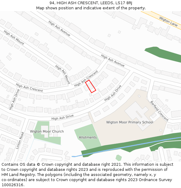94, HIGH ASH CRESCENT, LEEDS, LS17 8RJ: Location map and indicative extent of plot