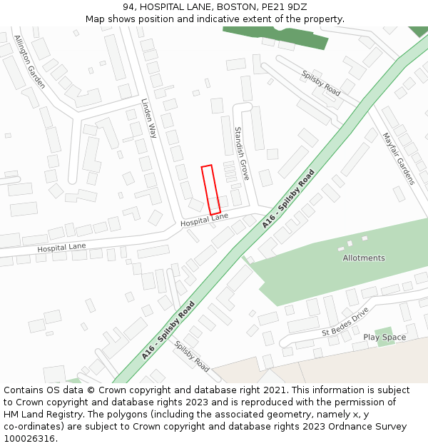 94, HOSPITAL LANE, BOSTON, PE21 9DZ: Location map and indicative extent of plot