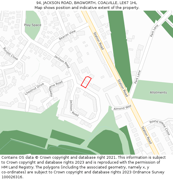 94, JACKSON ROAD, BAGWORTH, COALVILLE, LE67 1HL: Location map and indicative extent of plot