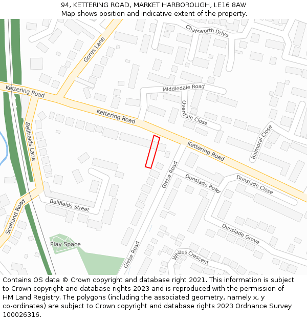 94, KETTERING ROAD, MARKET HARBOROUGH, LE16 8AW: Location map and indicative extent of plot