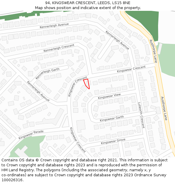 94, KINGSWEAR CRESCENT, LEEDS, LS15 8NE: Location map and indicative extent of plot