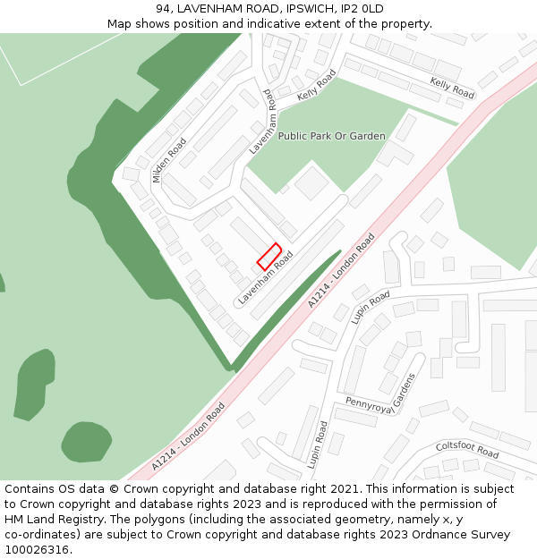 94, LAVENHAM ROAD, IPSWICH, IP2 0LD: Location map and indicative extent of plot