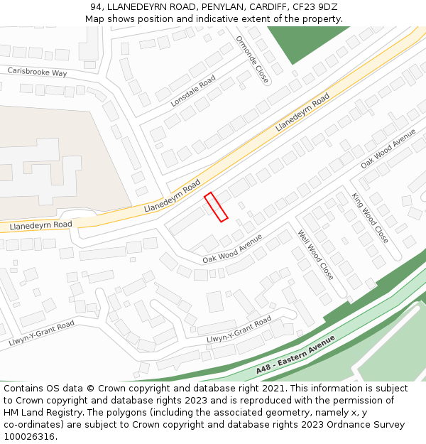 94, LLANEDEYRN ROAD, PENYLAN, CARDIFF, CF23 9DZ: Location map and indicative extent of plot