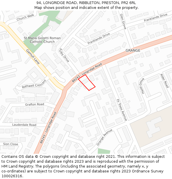 94, LONGRIDGE ROAD, RIBBLETON, PRESTON, PR2 6RL: Location map and indicative extent of plot