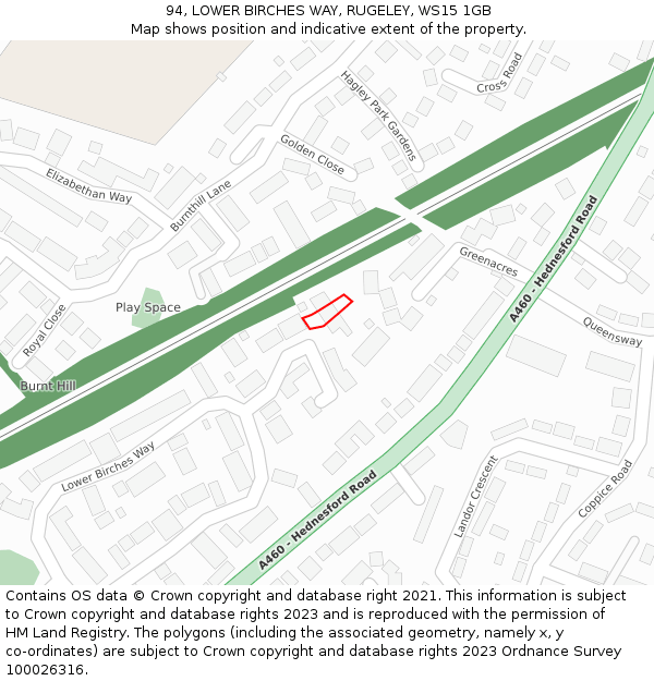 94, LOWER BIRCHES WAY, RUGELEY, WS15 1GB: Location map and indicative extent of plot
