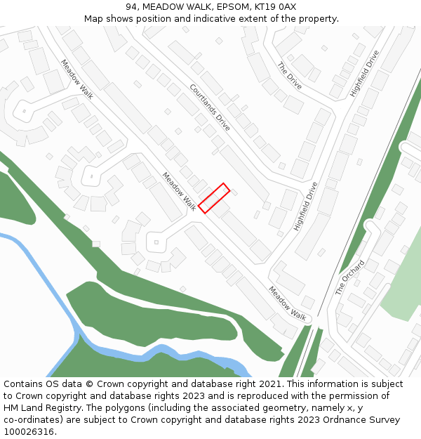 94, MEADOW WALK, EPSOM, KT19 0AX: Location map and indicative extent of plot
