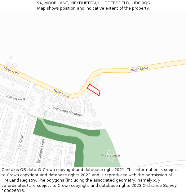94, MOOR LANE, KIRKBURTON, HUDDERSFIELD, HD8 0QS: Location map and indicative extent of plot