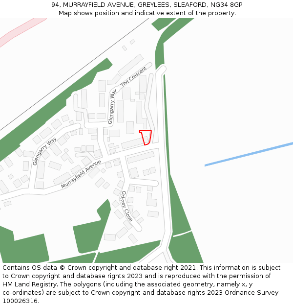 94, MURRAYFIELD AVENUE, GREYLEES, SLEAFORD, NG34 8GP: Location map and indicative extent of plot