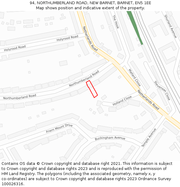 94, NORTHUMBERLAND ROAD, NEW BARNET, BARNET, EN5 1EE: Location map and indicative extent of plot