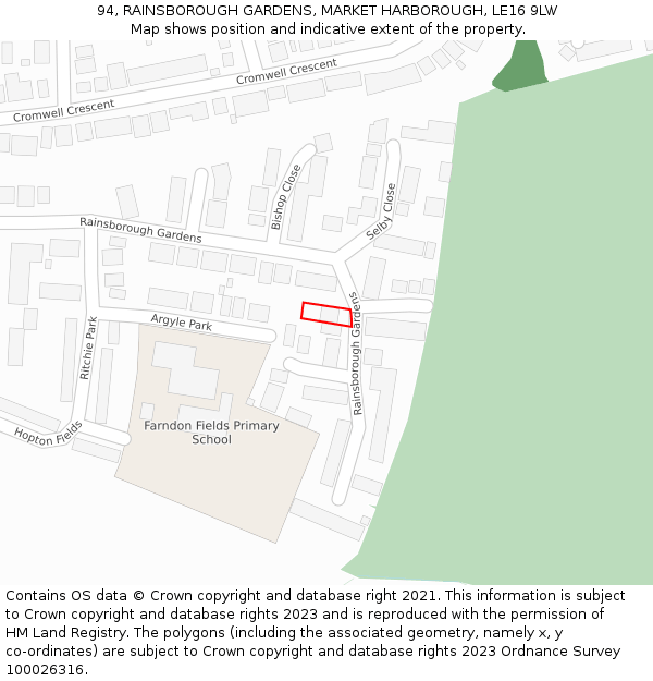 94, RAINSBOROUGH GARDENS, MARKET HARBOROUGH, LE16 9LW: Location map and indicative extent of plot