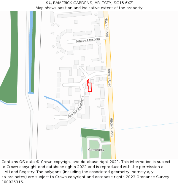 94, RAMERICK GARDENS, ARLESEY, SG15 6XZ: Location map and indicative extent of plot