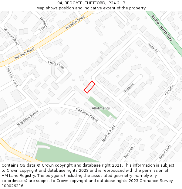 94, REDGATE, THETFORD, IP24 2HB: Location map and indicative extent of plot