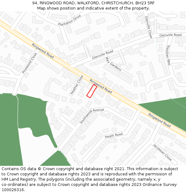 94, RINGWOOD ROAD, WALKFORD, CHRISTCHURCH, BH23 5RF: Location map and indicative extent of plot