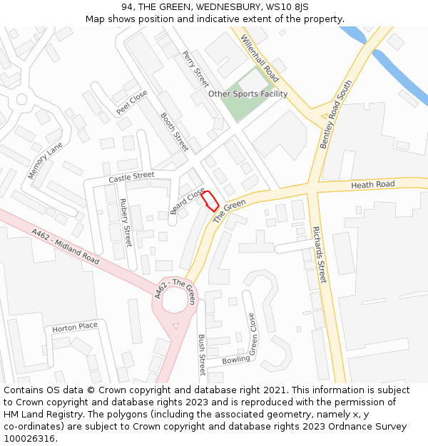 94, THE GREEN, WEDNESBURY, WS10 8JS: Location map and indicative extent of plot