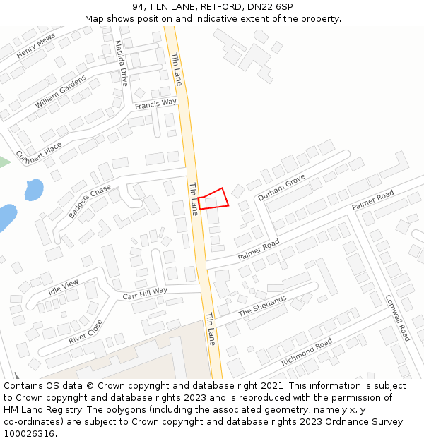 94, TILN LANE, RETFORD, DN22 6SP: Location map and indicative extent of plot