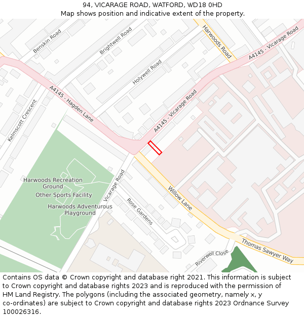 94, VICARAGE ROAD, WATFORD, WD18 0HD: Location map and indicative extent of plot