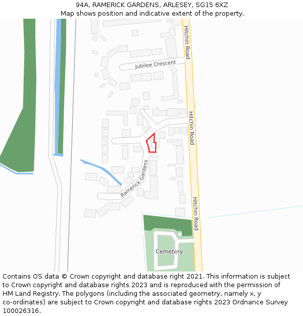 94A, RAMERICK GARDENS, ARLESEY, SG15 6XZ: Location map and indicative extent of plot