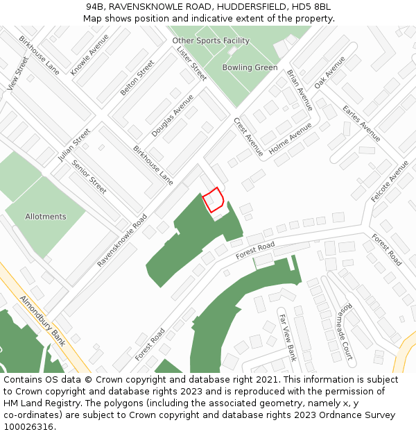 94B, RAVENSKNOWLE ROAD, HUDDERSFIELD, HD5 8BL: Location map and indicative extent of plot
