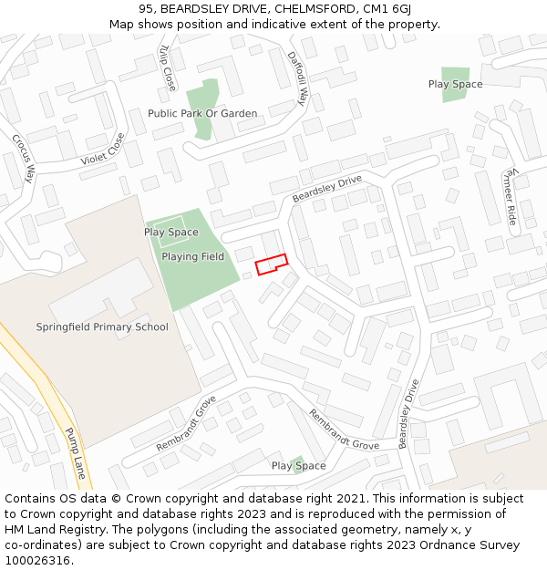95, BEARDSLEY DRIVE, CHELMSFORD, CM1 6GJ: Location map and indicative extent of plot
