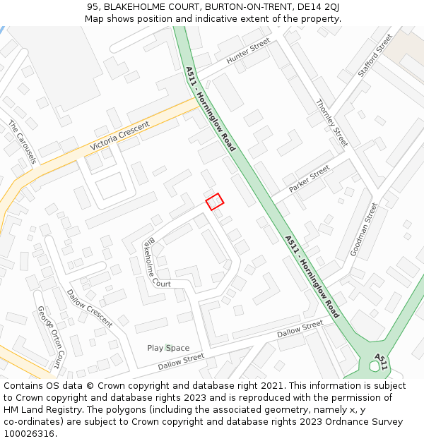 95, BLAKEHOLME COURT, BURTON-ON-TRENT, DE14 2QJ: Location map and indicative extent of plot