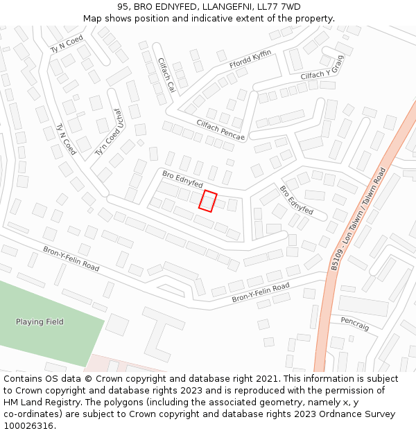 95, BRO EDNYFED, LLANGEFNI, LL77 7WD: Location map and indicative extent of plot