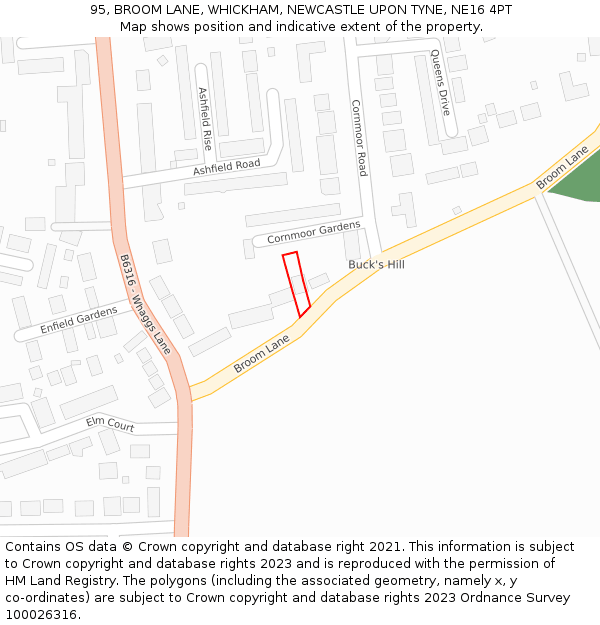 95, BROOM LANE, WHICKHAM, NEWCASTLE UPON TYNE, NE16 4PT: Location map and indicative extent of plot