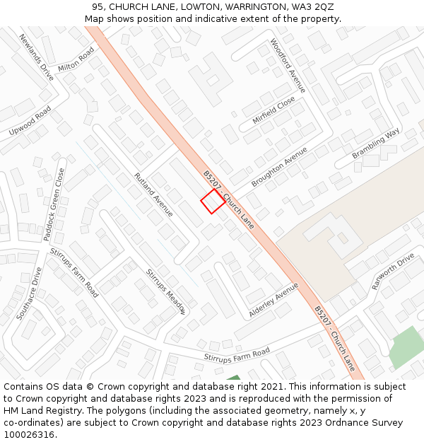 95, CHURCH LANE, LOWTON, WARRINGTON, WA3 2QZ: Location map and indicative extent of plot