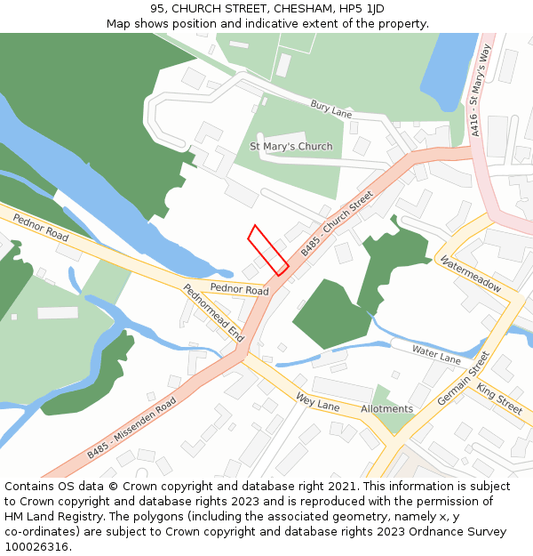 95, CHURCH STREET, CHESHAM, HP5 1JD: Location map and indicative extent of plot