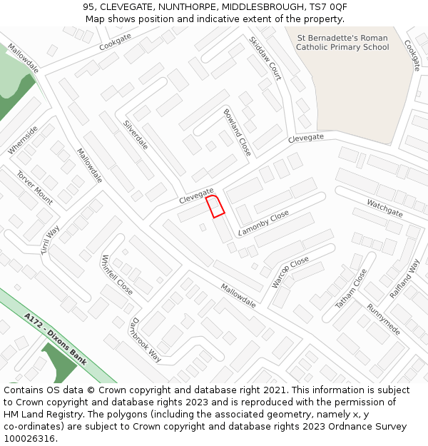 95, CLEVEGATE, NUNTHORPE, MIDDLESBROUGH, TS7 0QF: Location map and indicative extent of plot