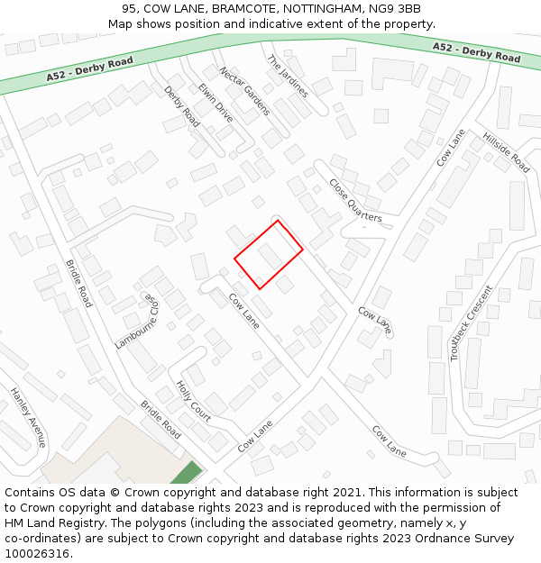 95, COW LANE, BRAMCOTE, NOTTINGHAM, NG9 3BB: Location map and indicative extent of plot