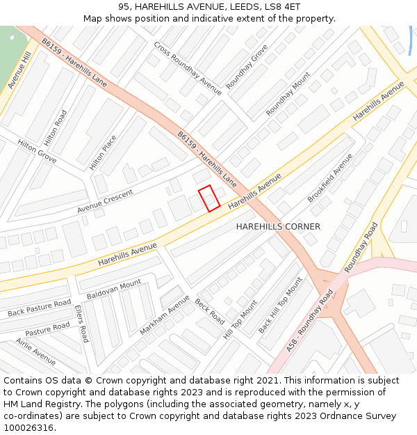 95, HAREHILLS AVENUE, LEEDS, LS8 4ET: Location map and indicative extent of plot