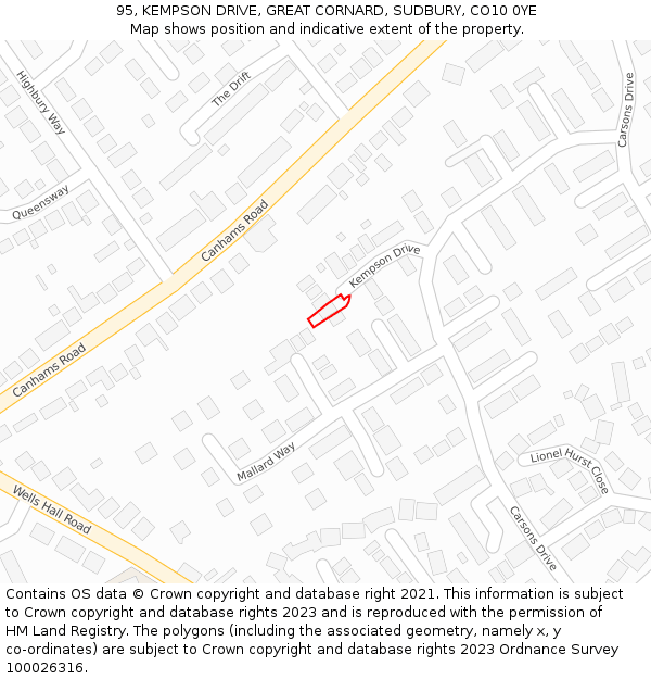 95, KEMPSON DRIVE, GREAT CORNARD, SUDBURY, CO10 0YE: Location map and indicative extent of plot