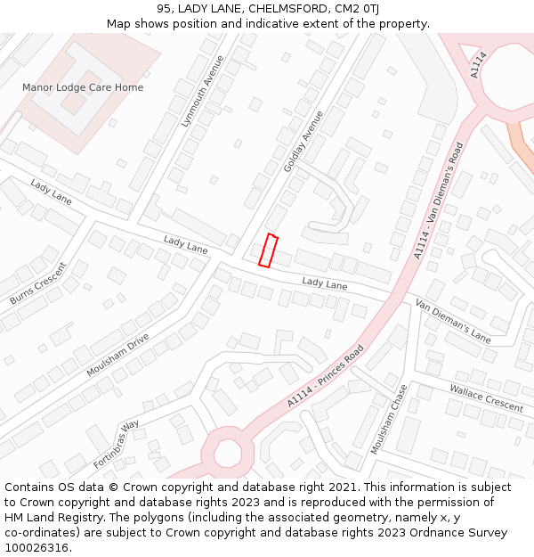 95, LADY LANE, CHELMSFORD, CM2 0TJ: Location map and indicative extent of plot