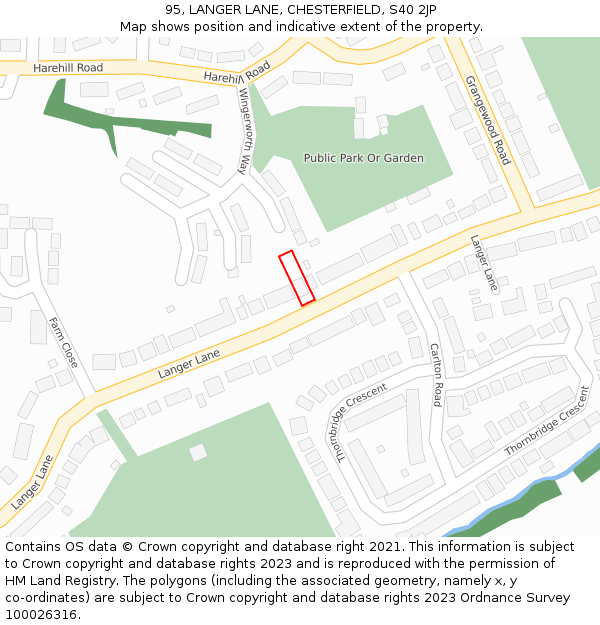 95, LANGER LANE, CHESTERFIELD, S40 2JP: Location map and indicative extent of plot