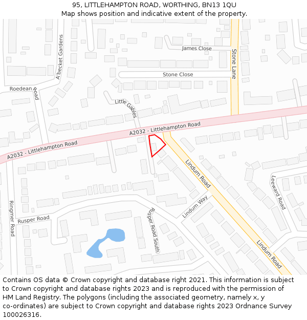 95, LITTLEHAMPTON ROAD, WORTHING, BN13 1QU: Location map and indicative extent of plot
