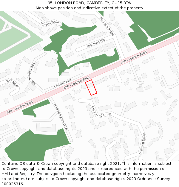 95, LONDON ROAD, CAMBERLEY, GU15 3TW: Location map and indicative extent of plot