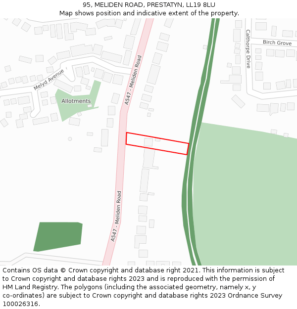 95, MELIDEN ROAD, PRESTATYN, LL19 8LU: Location map and indicative extent of plot