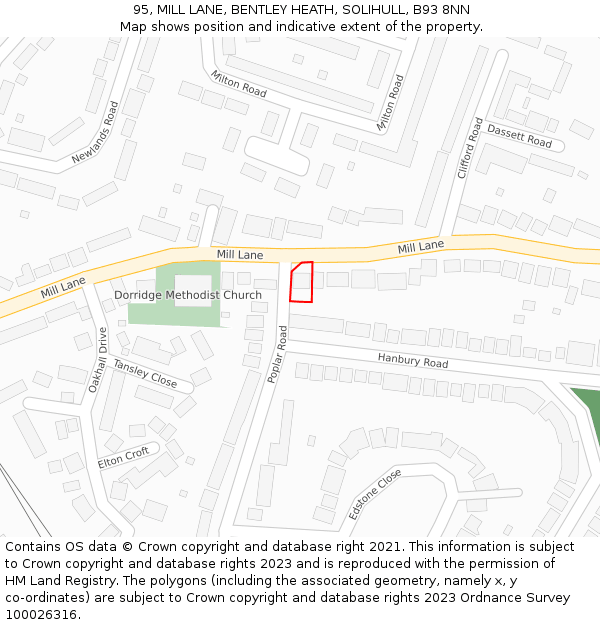 95, MILL LANE, BENTLEY HEATH, SOLIHULL, B93 8NN: Location map and indicative extent of plot