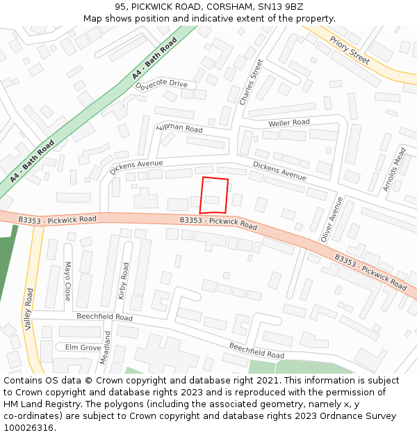 95, PICKWICK ROAD, CORSHAM, SN13 9BZ: Location map and indicative extent of plot