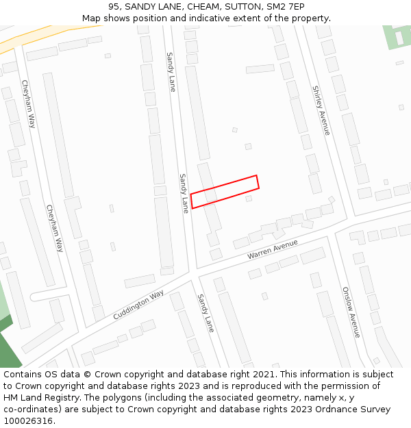 95, SANDY LANE, CHEAM, SUTTON, SM2 7EP: Location map and indicative extent of plot