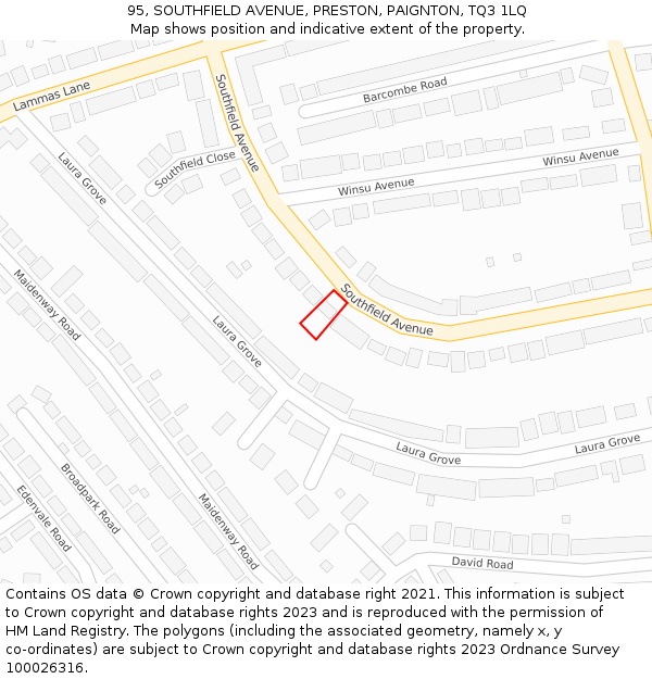 95, SOUTHFIELD AVENUE, PRESTON, PAIGNTON, TQ3 1LQ: Location map and indicative extent of plot