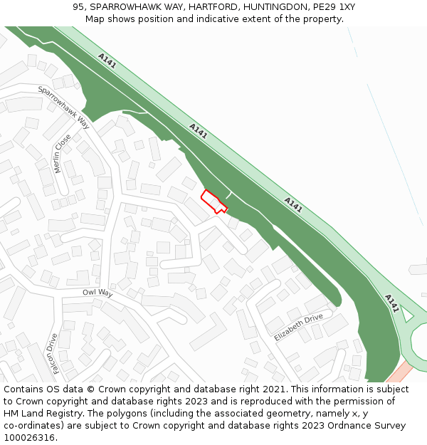 95, SPARROWHAWK WAY, HARTFORD, HUNTINGDON, PE29 1XY: Location map and indicative extent of plot