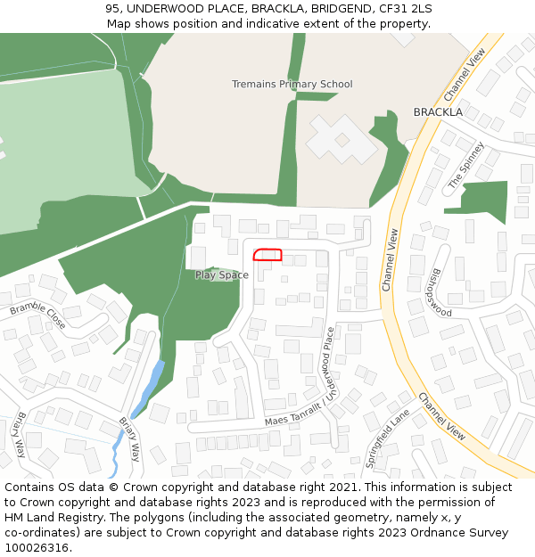 95, UNDERWOOD PLACE, BRACKLA, BRIDGEND, CF31 2LS: Location map and indicative extent of plot
