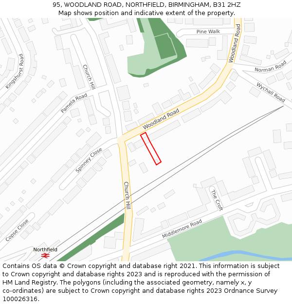 95, WOODLAND ROAD, NORTHFIELD, BIRMINGHAM, B31 2HZ: Location map and indicative extent of plot