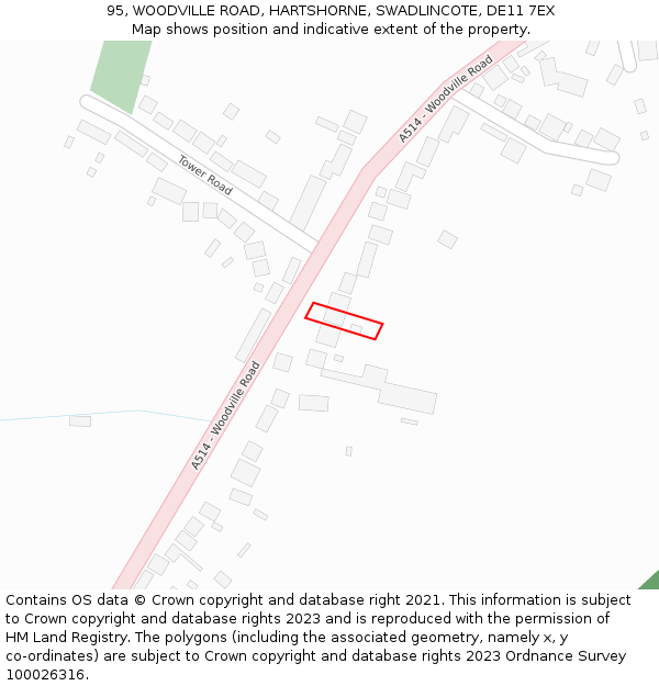 95, WOODVILLE ROAD, HARTSHORNE, SWADLINCOTE, DE11 7EX: Location map and indicative extent of plot