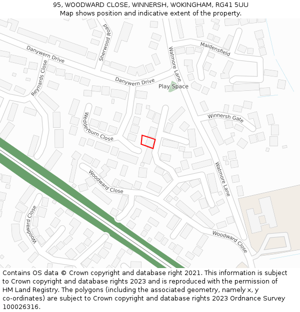 95, WOODWARD CLOSE, WINNERSH, WOKINGHAM, RG41 5UU: Location map and indicative extent of plot