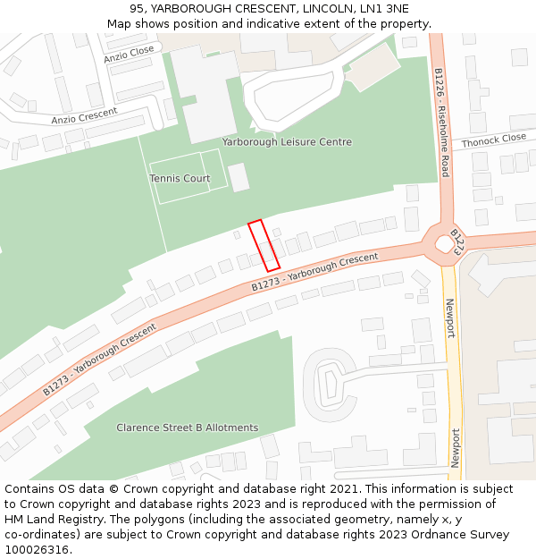 95, YARBOROUGH CRESCENT, LINCOLN, LN1 3NE: Location map and indicative extent of plot