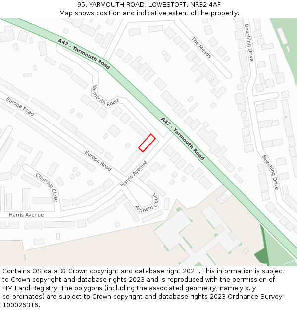 95, YARMOUTH ROAD, LOWESTOFT, NR32 4AF: Location map and indicative extent of plot