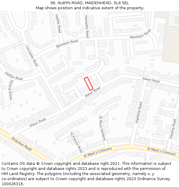 96, ALWYN ROAD, MAIDENHEAD, SL6 5EL: Location map and indicative extent of plot